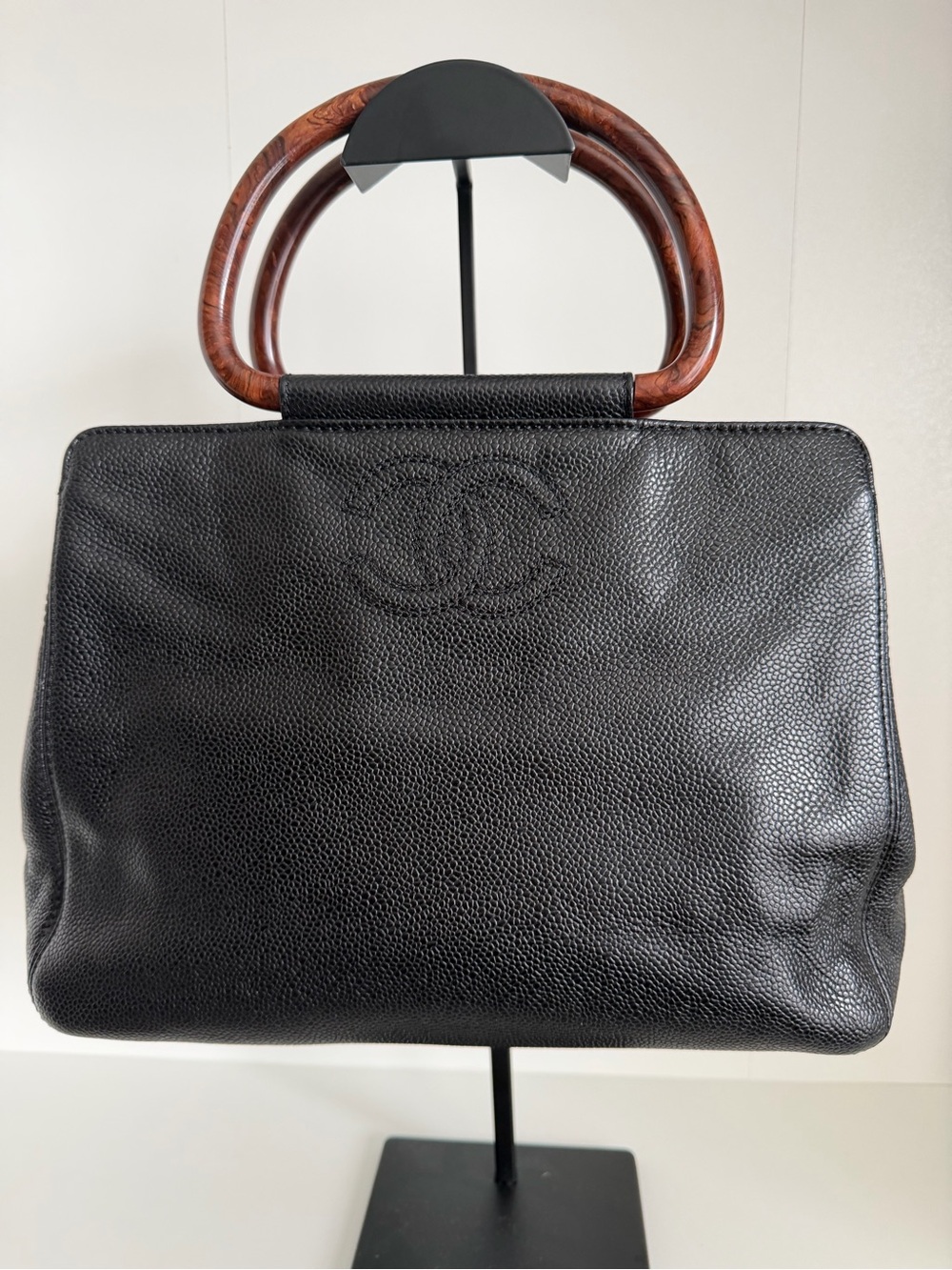 CHANEL Black Textured Leather Top-Handle Bag with Wooden Handles